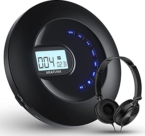 ARAFUNA CD Player Portable, Rechargeable Portable CD Player for Car and Travel, Small Player CD with Headphone and Anti-Skip, Personal Player with LCD Display, AUX Cable, Backlight