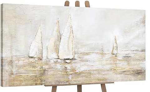 YS-Art Abstrakt Acryl Gemälde auf Leinwand Sonnenblendung handgemalt Wandbilder Wohnzimmer modern Wohndekor Bilder Büro Segelboote im Meer echte Kunst 200x100 cm
