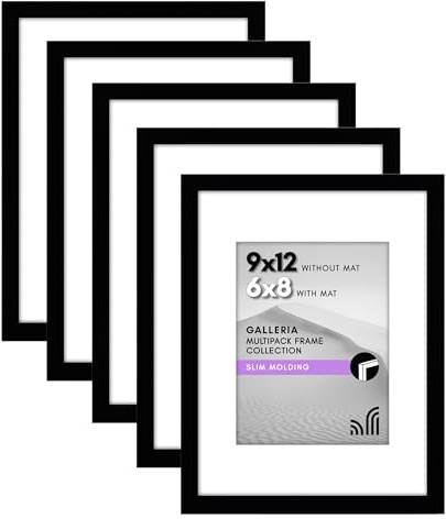 Americanflat 9x12 Picture Frame with Polished Plexiglass - Set of 5 - Use as 6x8 Frame with Mat or Display 9x12 Photo Without Mat - Galleria Collection - Picture Frames for Wall Display - Black