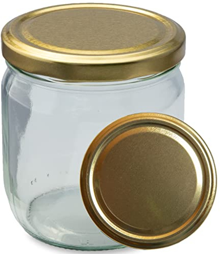 Imkado Twist-Off-Gläser (36 Stk) mit Metalldeckel (500g), abgerundeter Boden, Honigglas, Marmeladenglas (Deckel: Gold)