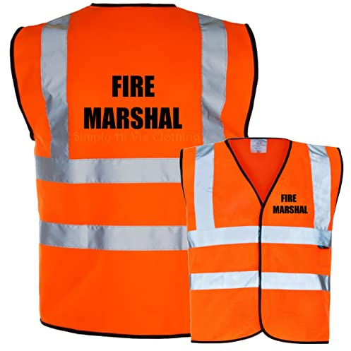 Fire Marshal Black Text Printed Orange Hi Vis Viz Reflective Safety Vest Waistcoat, Reflective High Visibility, supplied by Simply Hi Vis Clothing UK