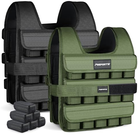 MSPORTS Gilet de poids Premium réglable 5-30 kg | Course pour homme et femme | Entraînement de fitness (20 kg, Vert militaire)