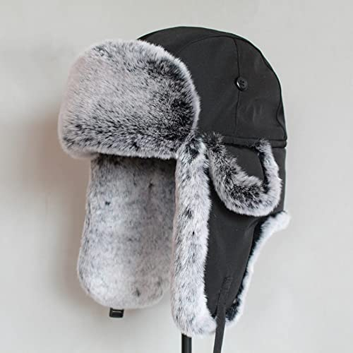 DEPAJA Russische Mütze Winter-Bombermütze Für Männer Kunstpelz Russischer Hut Uschanka Frauen Dicke Warme Mütze Mit Ohrenklappen Trapper Fliegermütze,Schwarz Weiß,58-60Cm