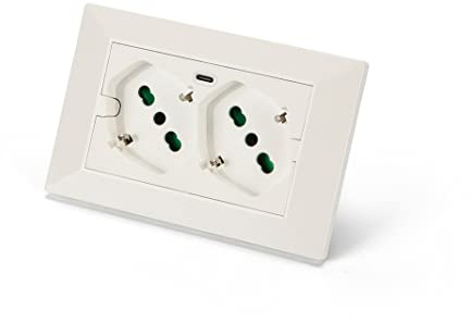 FANTON 421000 Multipresa universale da incasso OPERA/PLA doppia presa bipasso 2P+T 16A 1 presa USB-C 5V 3A precablata 3 moduli + adattatore USB C/A