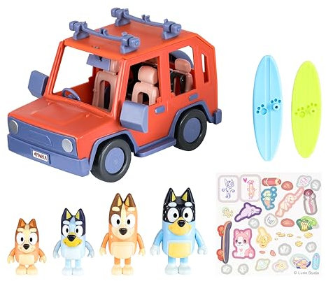 Bluey Pack del Todoterreno Familiar de los Heeler y 4 Figuras, Figuras de 6,3 cm, 2 Tablas de Surf y Pegatinas