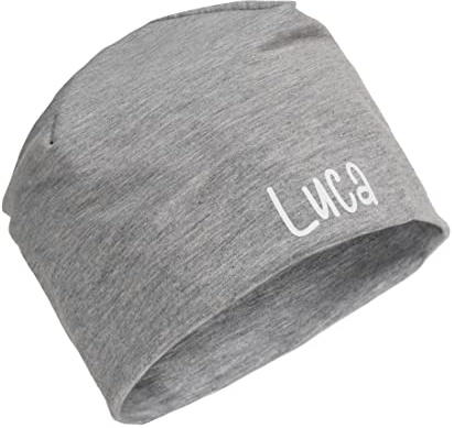 AngelicArt Personalisierte Kindermütze, Beanie für Kinder mit Wunschnamen, für Jungs, Mädchen, Unisex aus Baumwolle/Jersey (Grau meliert)