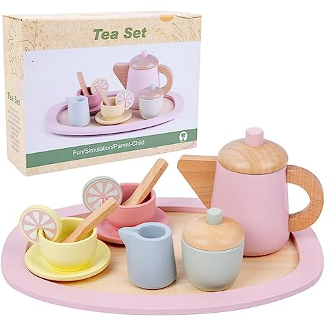Kinder Tee Set mit Teekannen Teeservice Kinder aus Holz, Küchenzubehör Kinder Lebensmittel Spielzeug Teeservice Set Kinder Rollenspiele Lernspielzeug Geschenke für Kinder Jungen Mädchen 3 4 5 Jahre