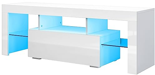 SONNI TV Board Weiss, Griffloses Design, TV Schrank Hochglanz, Fernsehtisch mit LED Beleuchtung, 12 Farben können eingestellt Werden, TV-Regal, Lowboard für Fernseher bis zu 65 Zoll, 130x35x45cm.
