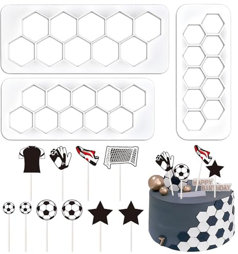3 Stück sechseckige Prägestreifen, mit 10 Dekorationseinsätzen, Fondant-Kuchen-Druckformen, geometrische Form-Plätzchen-Schneidwerkzeuge, Fußball-Themen-Kuchenaufsätze, DIY-Backwerkzeuge (3 Größen)