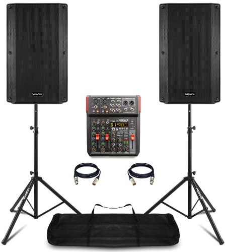 VONYX VSA15 Vocalist PA System with 2x 15 Active Speakers, 6-Channel VM-KG06 Mixer, Bluetooth, DSP Effects, USB Audio Interface and Speaker Stands - Professional Sound System for Singing