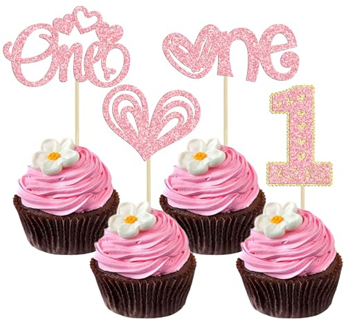 Gyufise 24Pcs One Cupcake Toppers Glitter Sweet Heart Cake Decorations Valentine's Day 1st Birthday Cupcake Picks Wedding Anniversary Valentine's Day Baby Shower First Birthday Party Supplies Pink