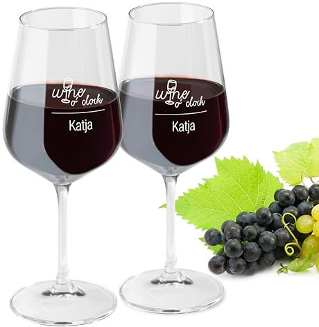 LIQUISIGN Weinglas mit Gravur 2er Set | Motiv Wine o´clock mit Wunschname | Personalisiertes Glas | Spruchglas mit Wunschtext graviert | Geschenkidee