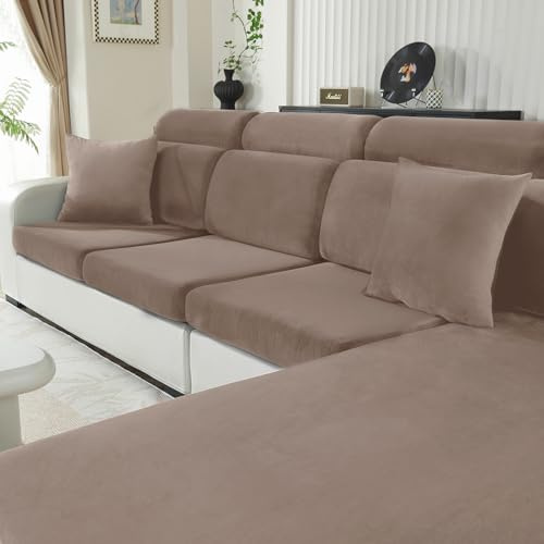 CYCMACO Samt Sitzkissenbezug, Stretch Sofa Sitzkissenbezug rutschfest, Universal Sofa Überzug Wohnzimmer, Elastischer Kissenbezüge, Waschbare(3-Sitzer, Khaki)