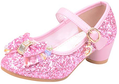 Prinsessskor flickor – dansskor dam silver diamant sandaler paljetter party klädskor med rosett kvällsskor andas bröllopsfest med klack barnskor utomhussandaler, ROSA, 26 EU