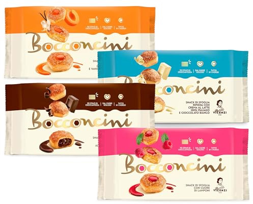 CAIYA Matilde Vicenzi Mix Bocconcini di Pasta Sfoglia Ripieni con Crema Gusto Albicocca, Cioccolato, Lamponi e Latte con Cioccolato Bianco 90g [4 Confezioni]