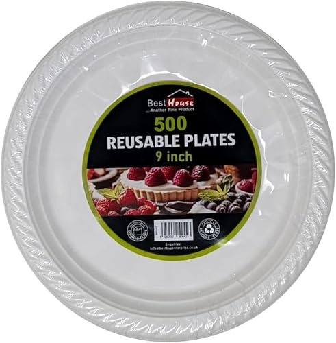 Best House 9 inch Plastic Plates Reusable Lightweight White Plastic Plate, Microwave and Dishwasher Safe - Lunch & Dinner Plates for Catering, Events, Parties, and Everyday Use (Pack of 500)