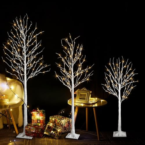 JoyHue LED Birch Tree Light, 3PK (4Ft, 6Ft, 8Ft) With Timer, Lighted Twig Lamp, Prelit Christmas Tree for Xmas Indoor Outdoor Home Party Garden Decor