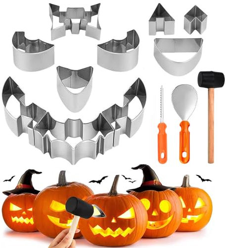 Yixinly Kit Sculpture Citrouille, 13 Pcs Acier inoxydable Outils Sculpture Halloween Ensemble de Sculpture de Citrouille de Décoration d'Halloween avec Modèles, Outils de Gravure de Citrouille