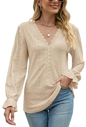 Atxnn Camicia Donna Manica Lunga Blusa Pizzo V Collo Camicetta Elegante Casual Volant Manica Top