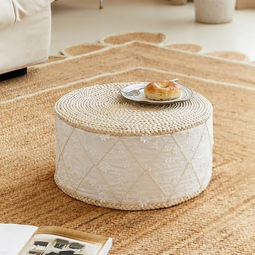 Preferspace Runder Rattan-Pouf-Ottomane, handgewebter Pouf-Fußhocker, Ottoman-Sitz, Bodenstuhl-Fußstütze für Wohnzimmer, Schlafzimmer, Terrasse