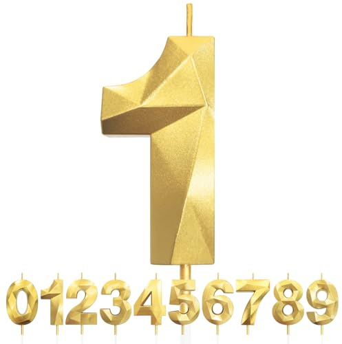 Kerzen zum 1. Geburtstag, Zahl 1, goldene Geburtstagskerzen für Kuchen, Diamant-3D-Geburtstagskerzen, Kuchenkerzen-Dekorationen für Geburtstagsparty, Hochzeitstag, Feier-Zubehör