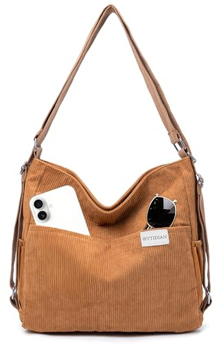 Wytidian Corduroy Tote Backpack Crossbody Bag for Women, Convertible Shoulder Bags Designer Handbag for College, Work (Brown)