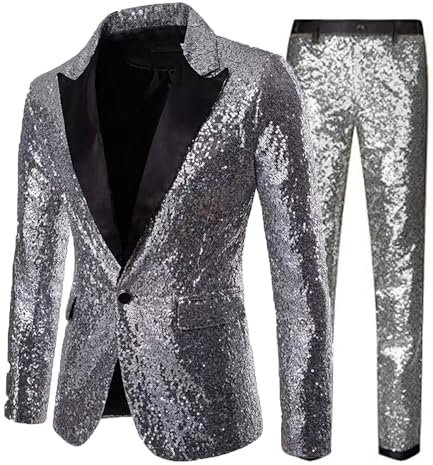 Pailletten Anzug Herren Glitzer Anzug 2-Teilige Disco-Sets Glitzer Sakko und Hose Metallic-Paillettenanzüge Hochzeit Kostüm Performance-Kostüm für Hochzeit und Party Formelle Kleidung für Herren