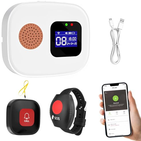 Wireless Caregiver Seniors Pager Alarm, Personal Alarms for Elderly, WiFi Wireless Caregiver Pager Call Button, With 1 SOS Receivers, 1 Call Button, 1*Wrist Button, For Patient/Elderly/Home/Disabled