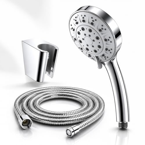 Handbrause Set mit 5 Strahlarten, 1,5m Duschschlauch, Hochdruck Wassersparend, Chrom, Edelstahlschlauch mit Knickschutz, Selbstreinigende Düsen