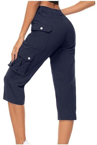 Damen-Wander-Shorts, knielange Shorts, Cargohose, hohe Taille, bequeme Sommerhose mit mehreren Taschen, lässig, Wandern, 3/4-Länge, lockere, gerade kurze Hose, Outdoor, navy, XXL