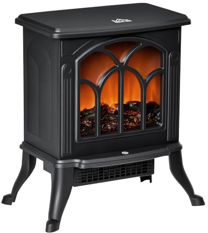HOMCOM Chimenea Eléctrica de Pie 750/1500 W, Chimenea Decorativa, Negro | 2 Niveles de Potencia, Efecto Llama, Protección Sobrecalentamiento, Área de Cobertura 15-20 m²