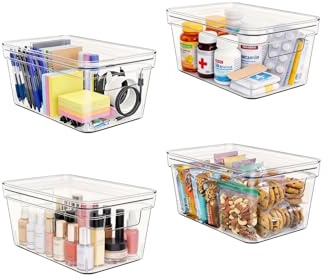 MOONEDGE Small Clear Plastic Storage Bins with Lids and Handles,Stackable Small Item Organizer Containers for Vanity,Craft,Office,Fridge,Kitchen,Pantry,Bathroom,Closet - 4 Pack (10×6×5 in)