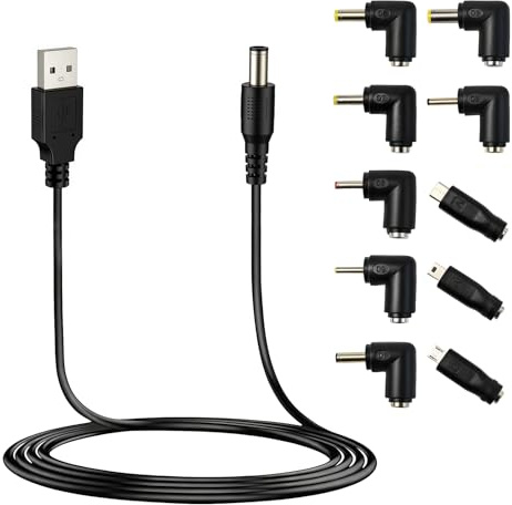 Arvoni Cable de Alimentación USB de 5 V, Cable de Carga Universal 5,5x2,1mm, Barril Jack con 10 Conectores, 5,5x2,5, 4,8x1,7, 4,0x1,7, 4,0x1,35, 3,5x1,35, 3,0x1,1, 2.5x0,7, Micro USB, Tipo-C, Mini USB