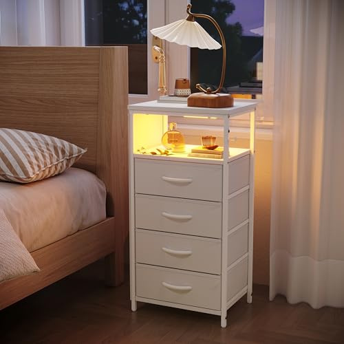 KeepGoon Comodino, mobiletto portaoggetti, cassettiera 40 x 30 x 79.5 cm, con luce LED e USB, Quattro tasche laterali e due ganci a L, tavolo da soggiorno con cassetti (Bianco-4 cassetti)