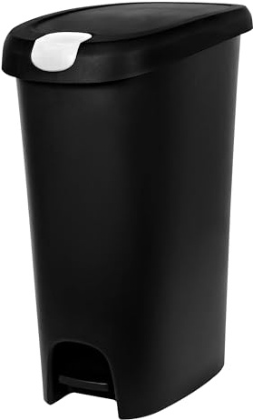 Kitchen Trash Can, 12 Gallon Plastic Slim Step Garbage Bin with Locking Foot Pedal Lid, Black