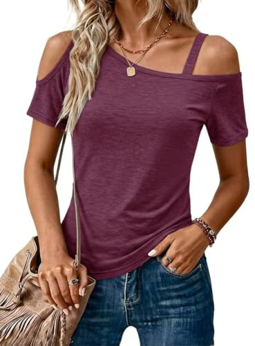 SCHOOLMOON Camiseta Mujer Verano Hombros Descubierto Blusa Túnica Tops | Manga Corta Básica Color Sólido Suelto