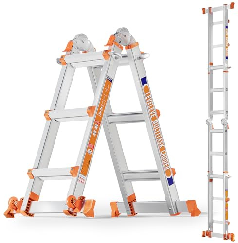 Multiple Positions 3 Step Ladder, 3.3 m Sliding Ladder with Stabiliser and Wheels, 150 kg Safety Load, One Frame Ladder for Stairs, Home, Indoor, Outdoor, Roof