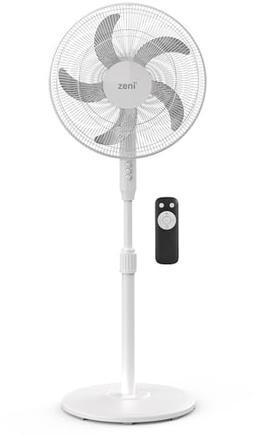 Zeni Airis 16-Inch Stand Fan with Remote Control – 5 Aerodynamic Blades, 3 Speed Settings, 85° Wide Oscillation, 7-Hour Timer – Adjustable Height & 24° Tilt Pedestal Fan for Home & Office