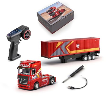 ToyGhillied RC LKW 1/64 4WD Proportionalsteuerung, Ferngesteuerte LKW mit Anhänger und Licht Sound, 2.4G Container Truck Modell 8,8 km/h für Erwachsene Rot