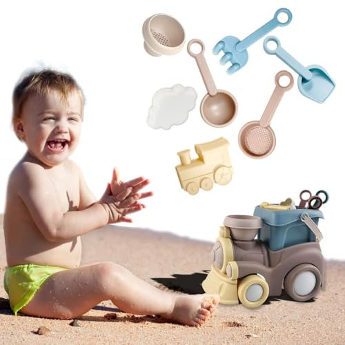 Kids Sand Beach Tool Box Set Mini Garden 8 PCs Tools Kit Pretend Play– Includes Sand Bucket, Train Mold, Mini Cloud Mold, Rake, Shovels, Sifter, Bonus Mesh Bag – for Kids Ages 3-8
