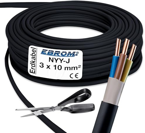 EBROM Erdkabel NYY-J 3x10 mm² Starkstromkabel Erdleitung schwarz, 15 Meter | 5m bis 80 m - Elektrokabel zur Verlegung im freien oder im Erdreich - VDE 0276, Teil 603 - Nennspannung: 600/1000V, 3x10 mm2