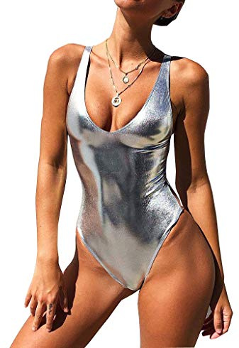 YAUASOPA - Bañador para Mujer de una Pieza, Sexi, Elevador, con Efecto Brillo líquido, Color Liso Metalizado, Tiro Alto, Brillante Plateado, XL