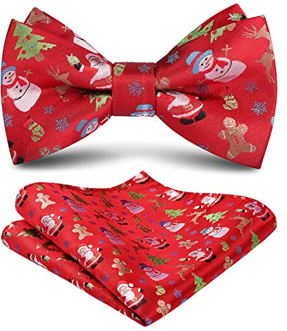 HISDERN Fliege Rot Herren Weihnachten Vorgebunden Fliege mit Einstecktuch Set Xmas Rot Smoking Herrenfliegen und Taschentuch für Weihnachten Zubehor