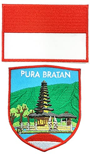 A-ONE 2 PCS Pack-Pura Bratan Applique+ Indonesia Flag Patch, Shaivism Temple, Bali Landmark, Parvati, Religious Embroidered Badge Decoration NO.292C