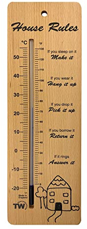 Großes 380 mm Holz-Raumthermometer mit Hausregeln – zuverlässiges und genaues Innenraumtemperaturthermometer für den Einsatz im Haus, Schlafzimmer, Küche, Wandthermometer, einfach an der Wand