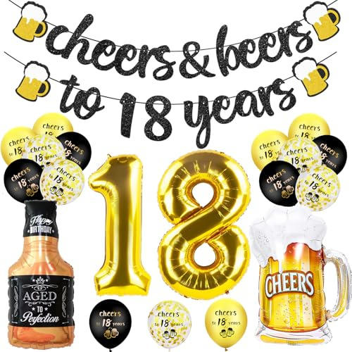 18th Birthday Decorations, 18th Birthday Decorations for Boys, Cheers and Beers Adult Party Supplies with Banner, Gold Number Balloons, Beer Mug and Bottle Foil Balloons for Men