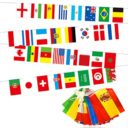 64 Stück WM-Fußballflaggen, darunter 32 Länder/Regionen, 10 m rechteckige internationale bunte Flaggen, geeignet für Fußballpartys und Straßenparty-Dekorationen. (14 * 21 cm)