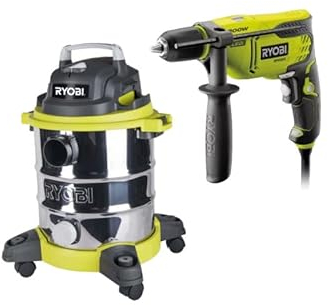 Pack RYOBI Aspirateur eau et poussière - 1250W - 20L - RVC-1220I-G - Perceuse à percussion - 800W - RPD800K