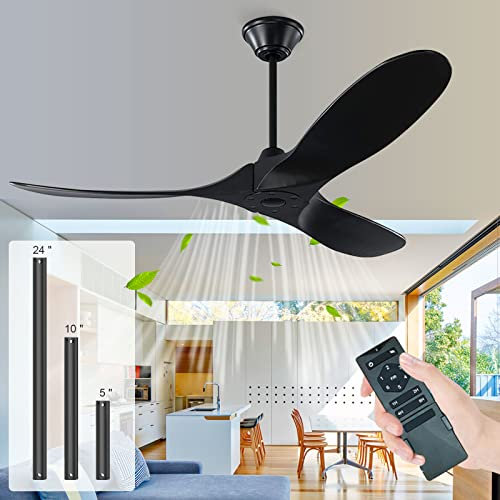 QHYAH 60 inch Black Ceiling Fan No Light, Modern Black Outdoor Ceiling Fan, 3 Blade Large Air Flow Propeller Ceiling Fan with Remote for Farmhouse Damp Rated