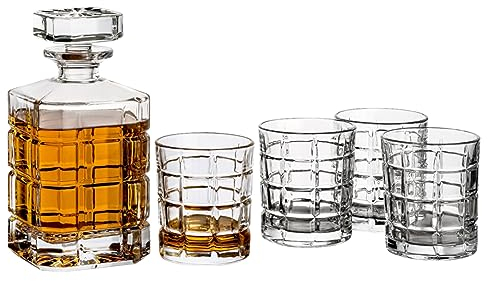 gouveo Carafe à whisky avec 4 verres 35128 – Set à whisky en verre de qualité supérieure avec 4 verres à whisky assortis – Superbe coffret cadeau pour les hommes et les amateurs de whisky
